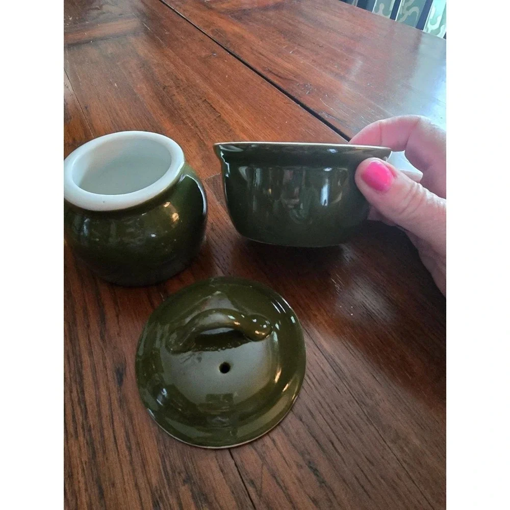 Hall China‎ Vintage Covered Sugar Bowl and Creamer Set Dark Green Made in USA